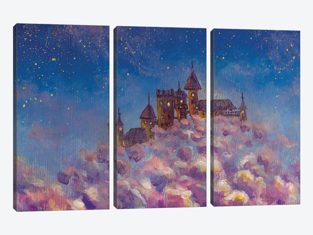 Fantasy Art Castle In Purple Fluffy Clouds by Valery Rybakow 3-piece Canvas Art Print