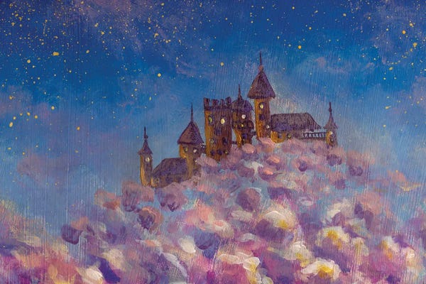 Valery Rybakow: Fantasy Art Castle In Purple Fluffy Clouds by Valery Rybakow