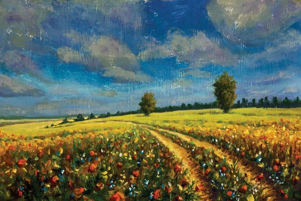 Valery Rybakow: Warm Summer Landscape. Road In A Yellow Flower Field by Valery Rybakow