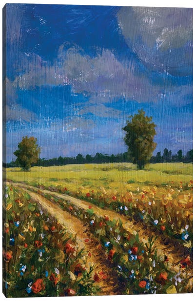 Road In A Yellow Flower Field Russian Landscape Canvas Art Print - Russia Art