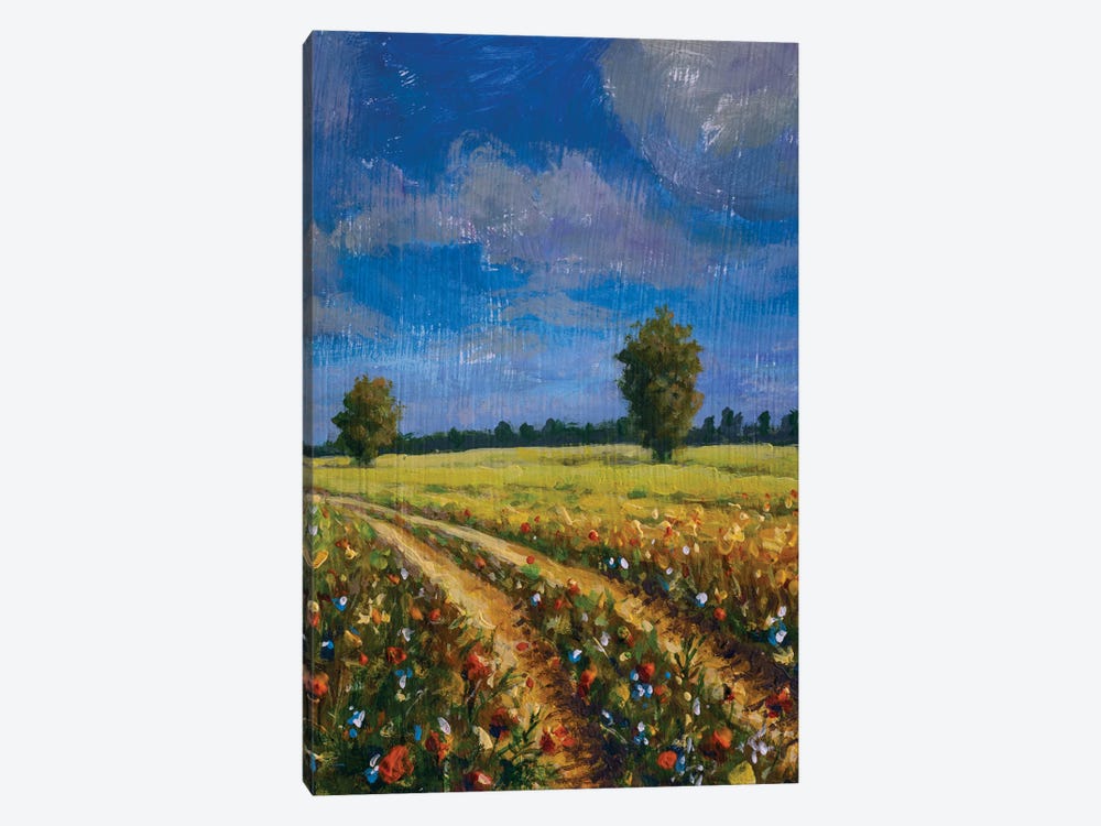 Road In A Yellow Flower Field Russian Landscape by Valery Rybakow 1-piece Canvas Wall Art