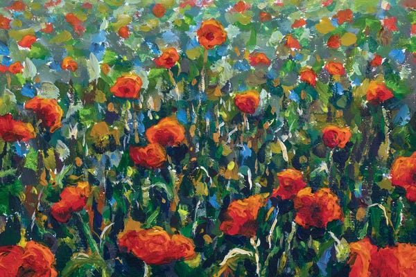 Valery Rybakow: Red Wild Flowers Poppies In Green Grass by Valery Rybakow