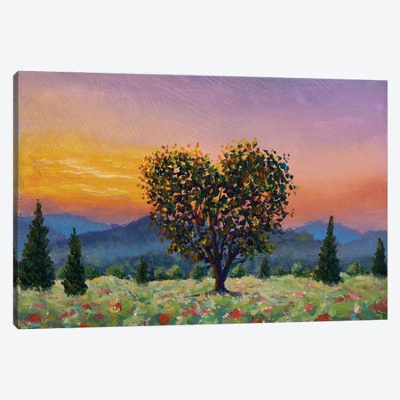 Tree In Shape Of Heart, Romantic Sunset Over A Poppy Meadow Canvas Print #VRY1026} by Valery Rybakow Canvas Artwork