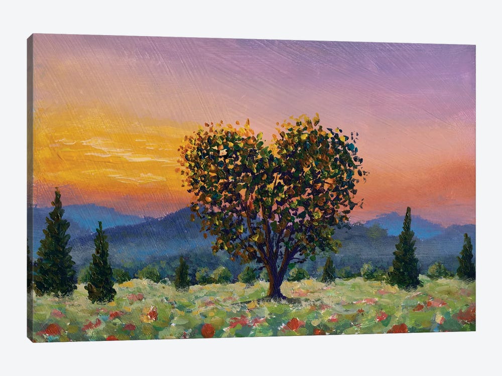 Tree In Shape Of Heart, Romantic Sunset Over A Poppy Meadow by Valery Rybakow 1-piece Canvas Artwork