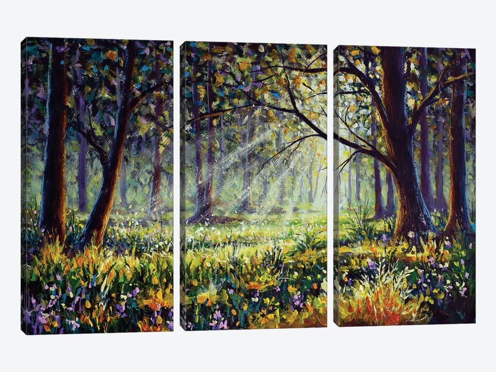 Flowers In Sunny Forest Landscape by Valery Rybakow 3-piece Canvas Art Print