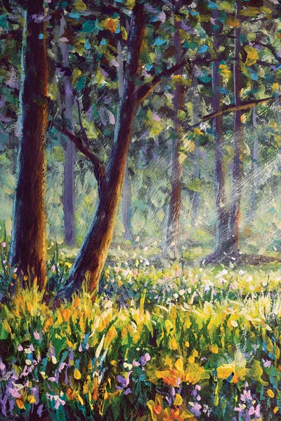 Sunny Scenery In Dreamy Colors Showing A Forest With The Sun Behind A Tree