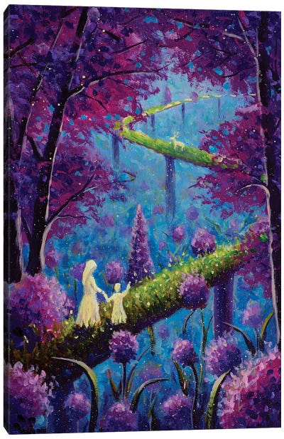Mother With Daughter Walks Along A Road Among Beautiful Pink Purple Flowers Trees Canvas Art Print - Unconditional Love