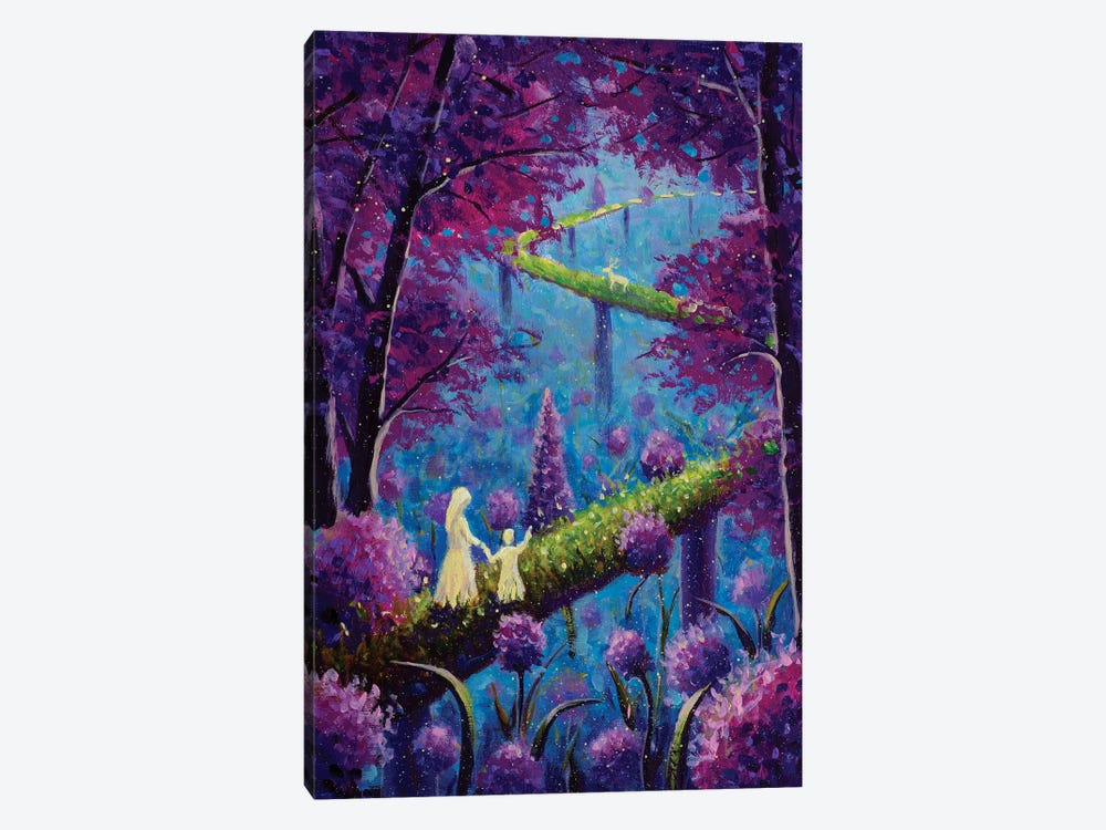Mother With Daughter Walks Along A Road Among Beautiful Pink Purple Flowers Trees by Valery Rybakow 1-piece Art Print