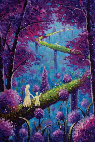 Valery Rybakow: Mother With Daughter Walks Along A Road Among Beautiful Pink Purple Flowers Trees by Valery Rybakow