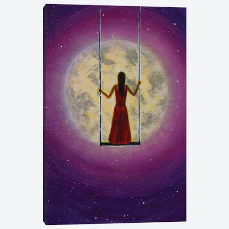 Beautiful Girl In Red Rides On A Swing Against The Backdrop Of A Big Moon Canvas Print #VRY1066} by Valery Rybakow Canvas Art