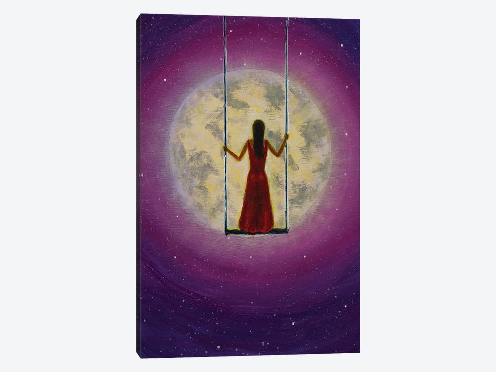 Beautiful Girl In Red Rides On A Swing Against The Backdrop Of A Big Moon by Valery Rybakow 1-piece Canvas Artwork