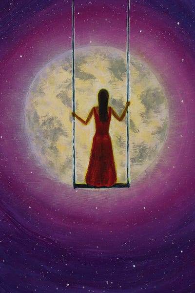 Valery Rybakow: Beautiful Girl In Red Rides On A Swing Against The Backdrop Of A Big Moon by Valery Rybakow