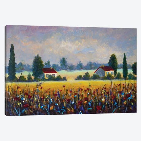 Countryside Summer Landscape With Village Houses And Flower Field Red Wildflowers Canvas Print #VRY1073} by Valery Rybakow Canvas Wall Art