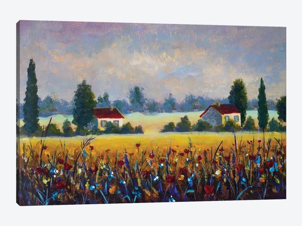 Countryside Summer Landscape With Village Houses And Flower Field Red Wildflowers by Valery Rybakow 1-piece Canvas Art