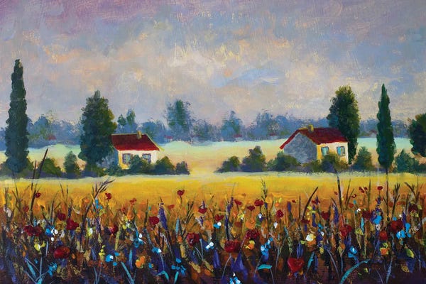 Valery Rybakow: Countryside Summer Landscape With Village Houses And Flower Field Red Wildflowers by Valery Rybakow