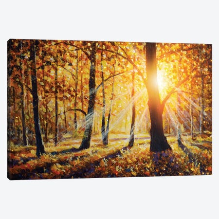Autumn Forest Landscape With Sun Rays And Colorful Autumn Leaves At Tall Trees Canvas Print #VRY1081} by Valery Rybakow Canvas Print