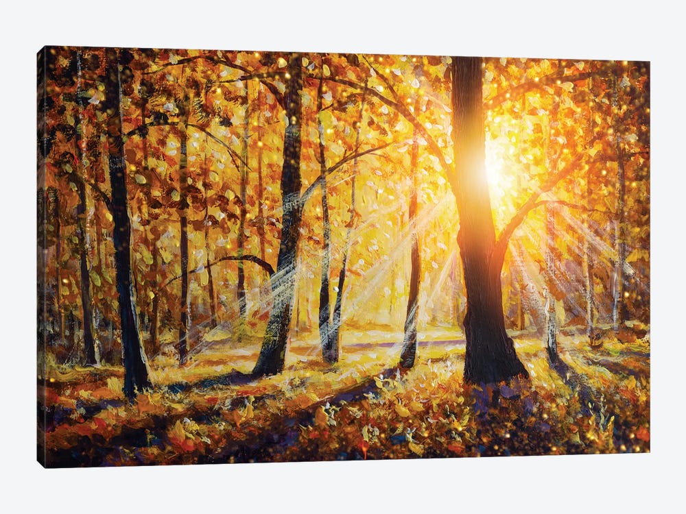 Autumn Forest Landscape With Sun Rays And Colorful Autumn Leaves At Tall Trees by Valery Rybakow 1-piece Art Print