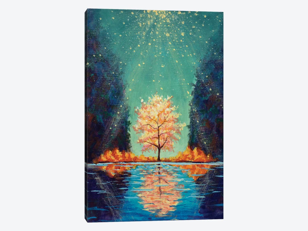 Shining Flowering Tree Among Mountains Reflected In Water by Valery Rybakow 1-piece Art Print