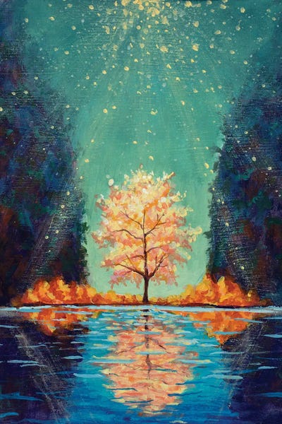 Valery Rybakow: Shining Flowering Tree Among Mountains Reflected In Water by Valery Rybakow
