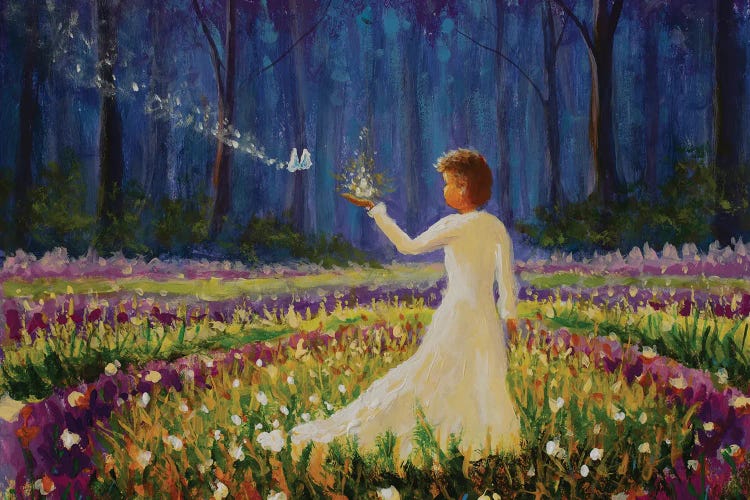 Girl With Butterfly In Magical Forest