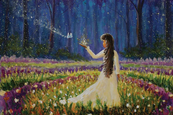 Valery Rybakow: Girl With Butterfly In Magical Forest IV by Valery Rybakow