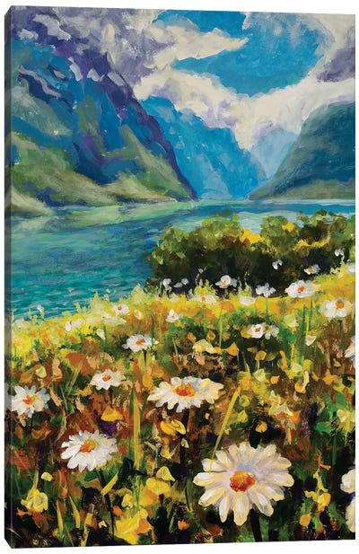 Big Wildflowers Of Chamomile On Bank Of Emerald River Against Backdrop Of Mountains Canvas Art Print - Daisy Art