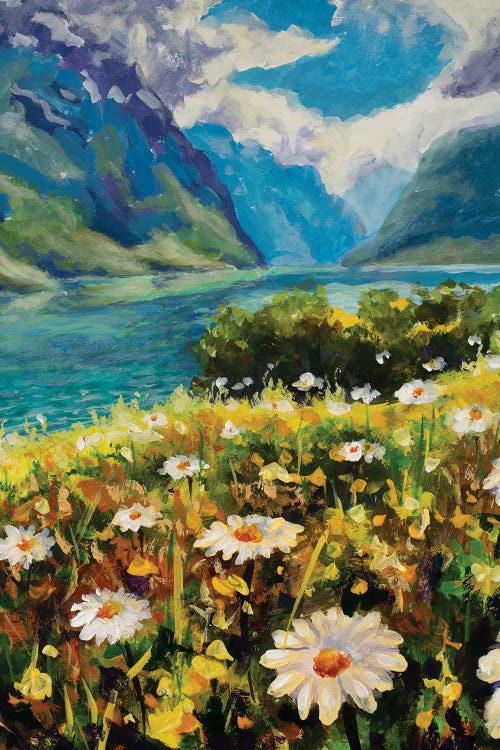 Big Wildflowers Of Chamomile On Bank Of Emerald River Against Backdrop Of Mountains