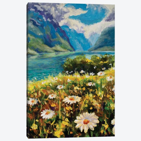 Big Wildflowers Of Chamomile On Bank Of Emerald River Against Backdrop Of Mountains Canvas Print #VRY1101} by Valery Rybakow Canvas Wall Art