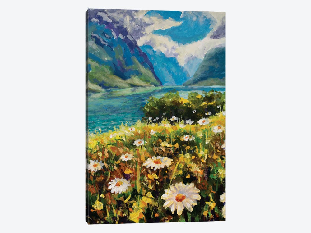 Big Wildflowers Of Chamomile On Bank Of Emerald River Against Backdrop Of Mountains by Valery Rybakow 1-piece Canvas Wall Art