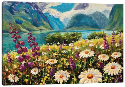 Monet Wildflowers White Daisies And Purple Pink Flowers In Grass On Field River Background Of Mountains Canvas Art Print - Daisy Art