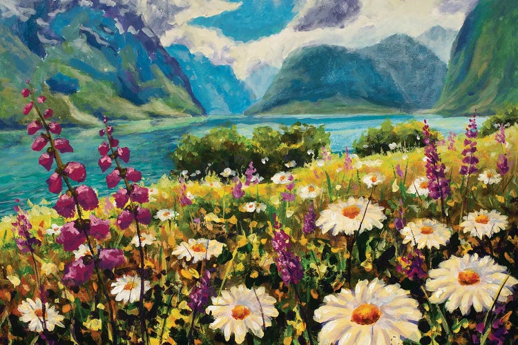 Monet Wildflowers White Daisies And Purple Pink Flowers In Grass On Field River Background Of Mountains