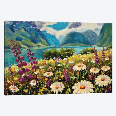 Monet Wildflowers White Daisies And Purple Pink Flowers In Grass On Field River Background Of Mountains Canvas Print #VRY1103} by Valery Rybakow Canvas Wall Art