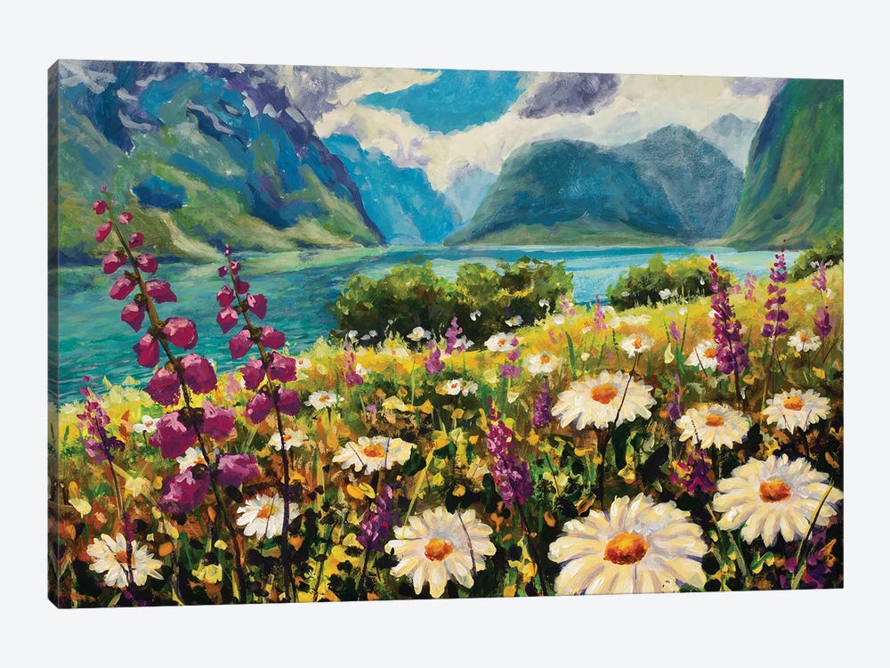 Monet Wildflowers White Daisies And Purple Pink Flowers In Grass On Field River Background Of Mountains by Valery Rybakow 1-piece Canvas Artwork
