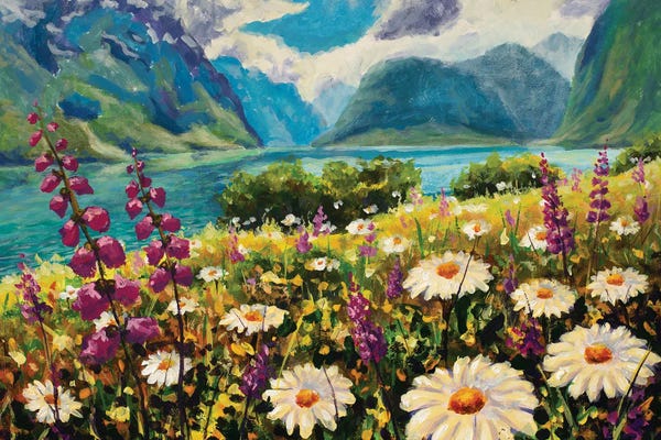 Monet Wildflowers White Daisies And Purple Pink Flowers In Grass On Field River Background Of Mountains