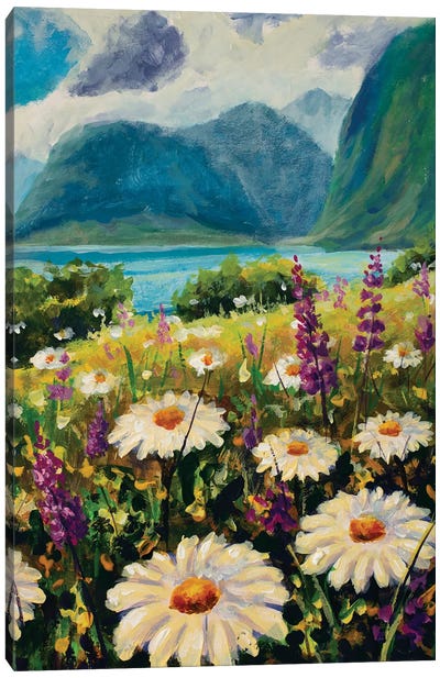 Daisies And Purple Pink Flowers Sunny Landscape Canvas Art Print - Daisy Art
