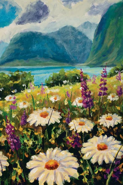 Valery Rybakow: Daisies And Purple Pink Flowers Sunny Landscape by Valery Rybakow