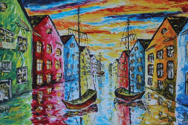 Valery Rybakow: Boats In Colorful Venice by Valery Rybakow