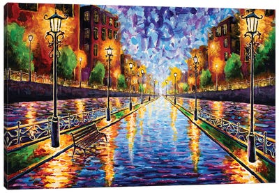 A Beautiful Cityscape At Night With Old Buildings And Vintage Street Lamps Canvas Art Print - Valery Rybakow