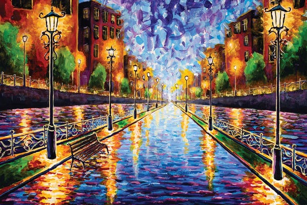 Valery Rybakow: A Beautiful Cityscape At Night With Old Buildings And Vintage Street Lamps by Valery Rybakow