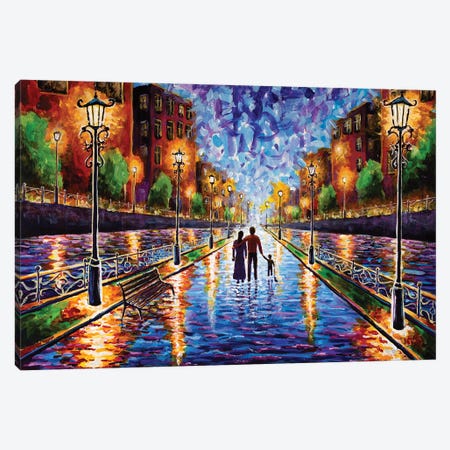 Family Walking Down A Rainy Street Of An Old Evening City With Beautiful Lanterns Canvas Print #VRY1124} by Valery Rybakow Canvas Print
