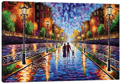 Family Walking Down A Rainy Street Of An Old Evening City With Beautiful Lanterns Canvas Art Print - Valery Rybakow