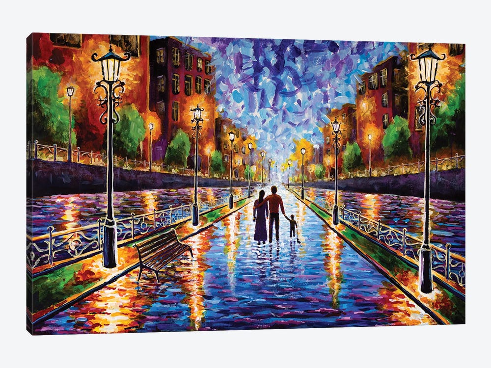 Family Walking Down A Rainy Street Of An Old Evening City With Beautiful Lanterns by Valery Rybakow 1-piece Canvas Art Print