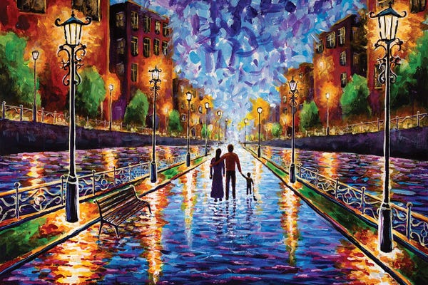 Valery Rybakow: Family Walking Down A Rainy Street Of An Old Evening City With Beautiful Lanterns by Valery Rybakow