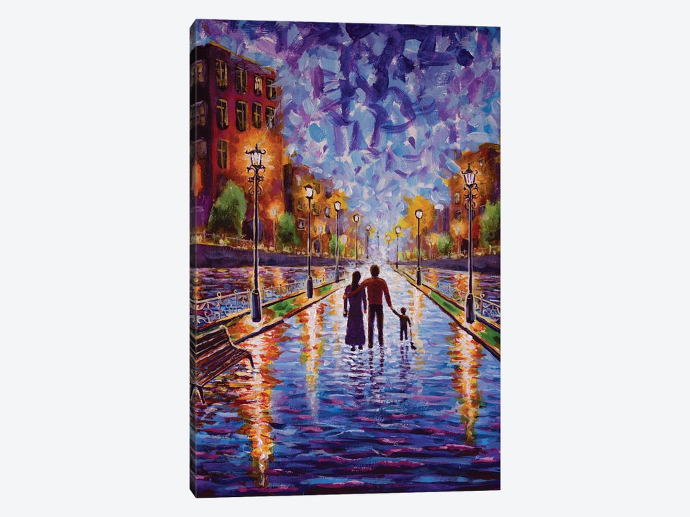 A Family Walking Through An Old Night City With Beautiful Lanterns by Valery Rybakow 1-piece Canvas Art