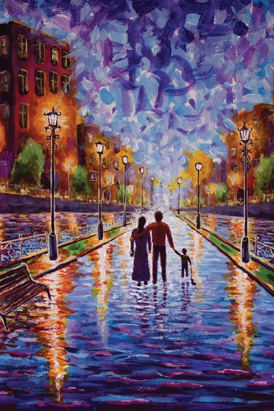 Valery Rybakow: A Family Walking Through An Old Night City With Beautiful Lanterns by Valery Rybakow