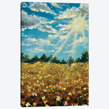 A Summer Floral Landscape. Sun Rays On The Blue Sky With Clouds, Field Of Wildflowers Near The Forest. Canvas Print #VRY1126} by Valery Rybakow Canvas Art Print