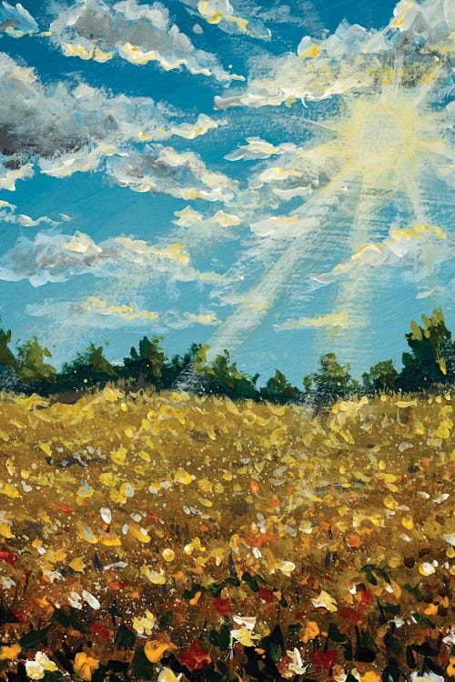 A Summer Floral Landscape. Sun Rays On The Blue Sky With Clouds, Field Of Wildflowers Near The Forest.