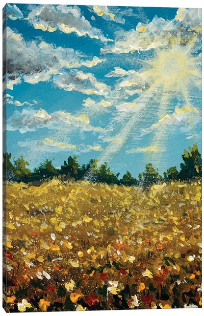A Summer Floral Landscape. Sun Rays On The Blue Sky With Clouds, Field Of Wildflowers Near The Forest. Canvas Art Print - Valery Rybakow