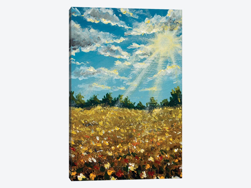 A Summer Floral Landscape. Sun Rays On The Blue Sky With Clouds, Field Of Wildflowers Near The Forest. by Valery Rybakow 1-piece Canvas Art Print