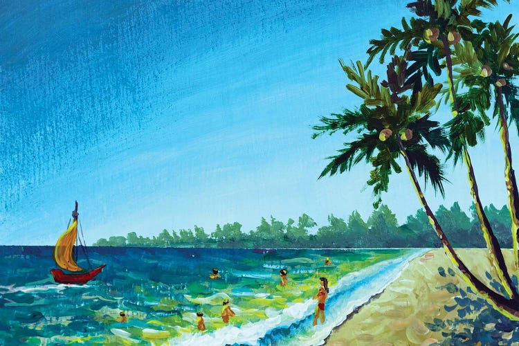 Beautiful Summer Sea Azure Ocean Shore With Palm Trees, Bathing Travelers People Swimming And Sailboat